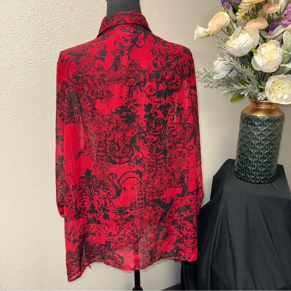 Catherines Red Black Sheer Tunic Blouse 1X Plus Size Gothic Boho - Picture 4 of 8